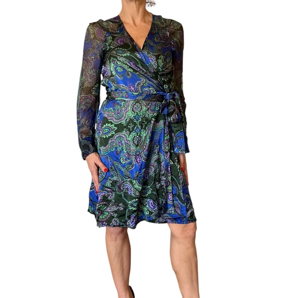 Women's Antik Batik Wrap Dress Silk Satin Paisley Sequin Long Sheer Sleeves XS